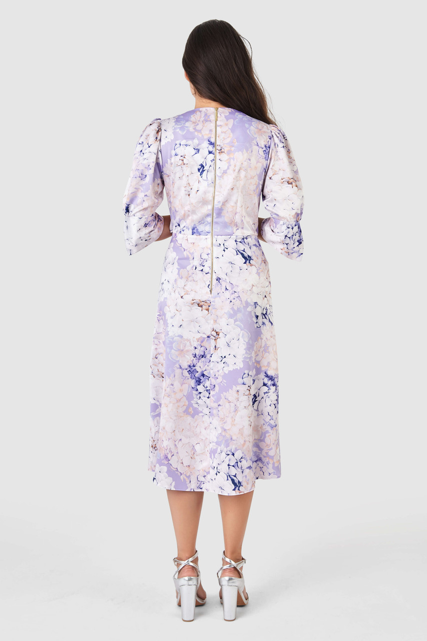 Purple Floral Print Tie Wrap Midi Dress